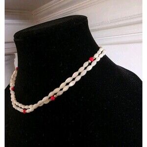 Vintage Mother of Pearl? Rice Bead Necklace Long Strand Red Gold Accent 18"